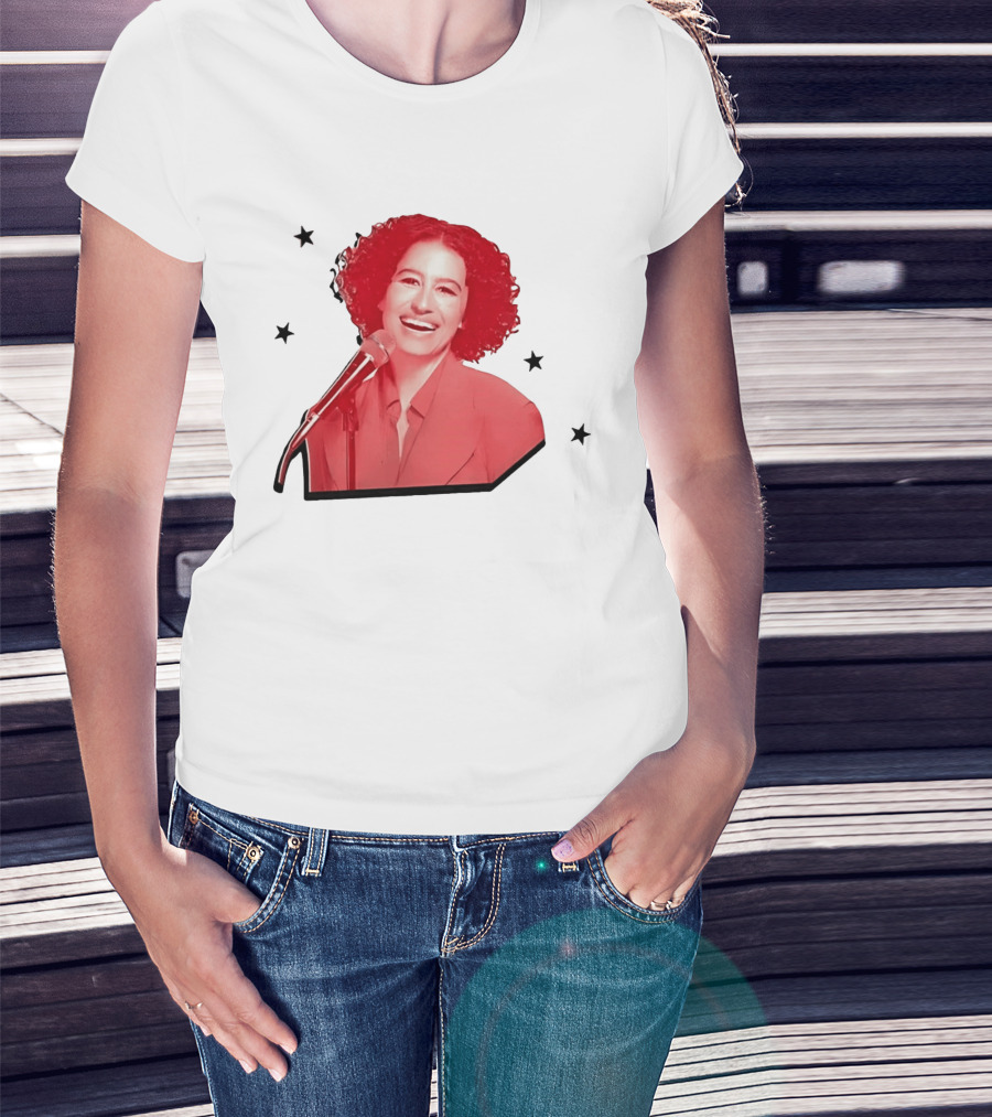 Red Tinted Woman Curly Hair Microphone Black Stars T-Shirt