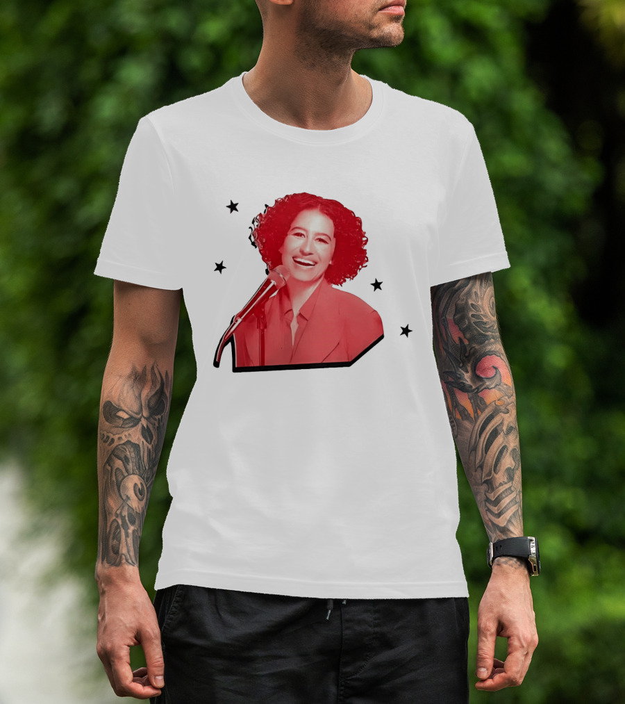 Red Tinted Woman Curly Hair Microphone Black Stars T-Shirt