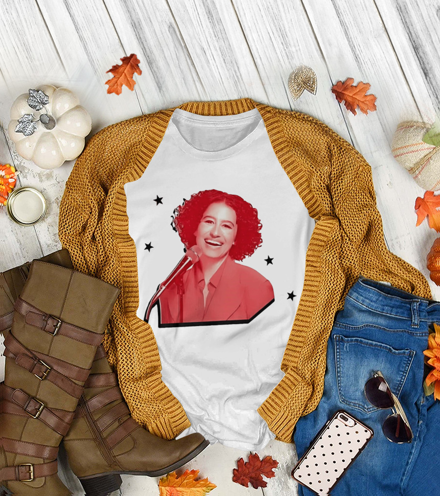 Red Tinted Woman Curly Hair Microphone Black Stars T-Shirt