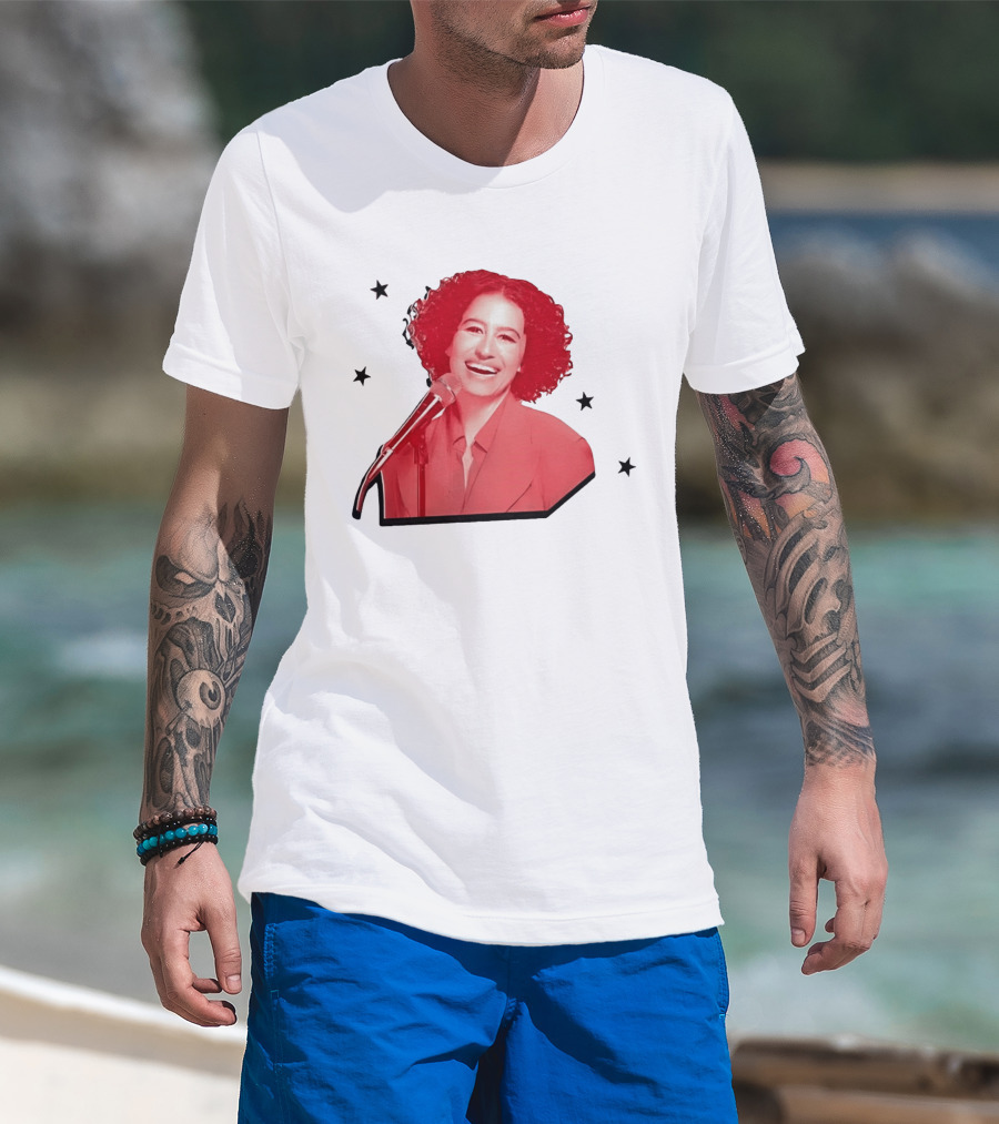Red Tinted Woman Curly Hair Microphone Black Stars T-Shirt