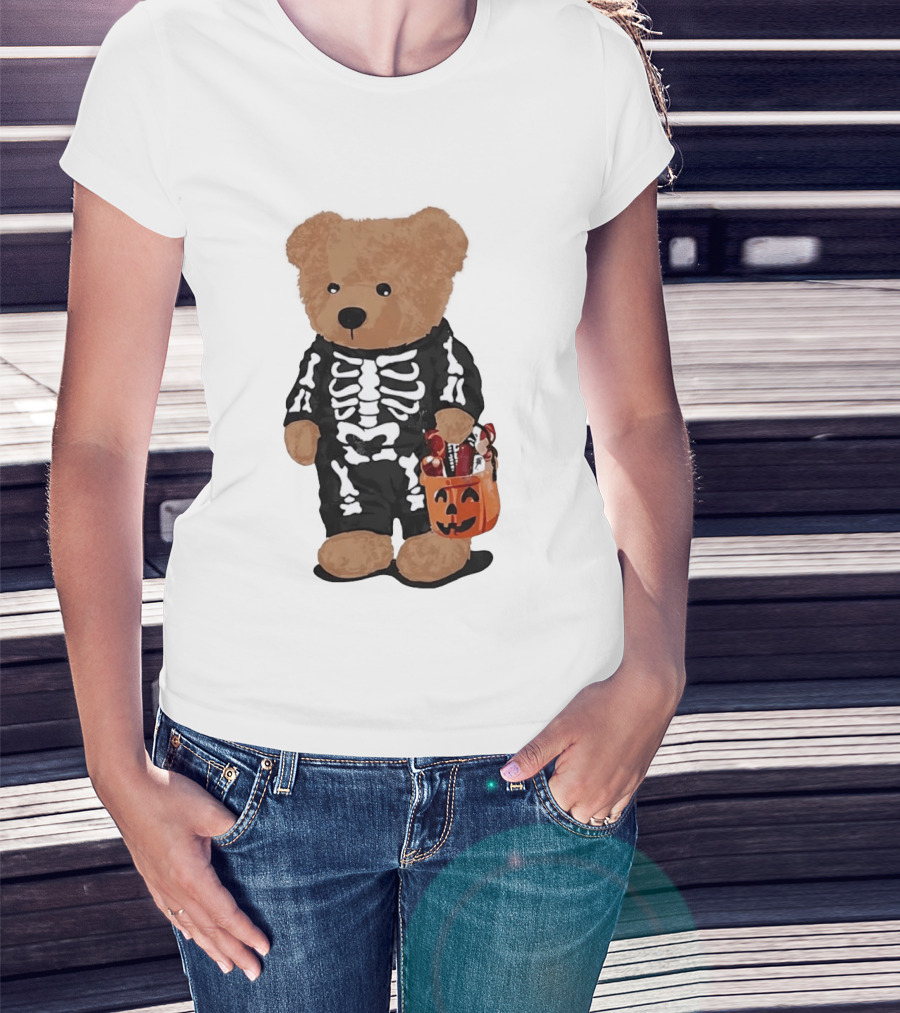 Teddy Bear Skeleton Costume Jack O Lantern Pumpkin Candy Cartoon T-Shirt