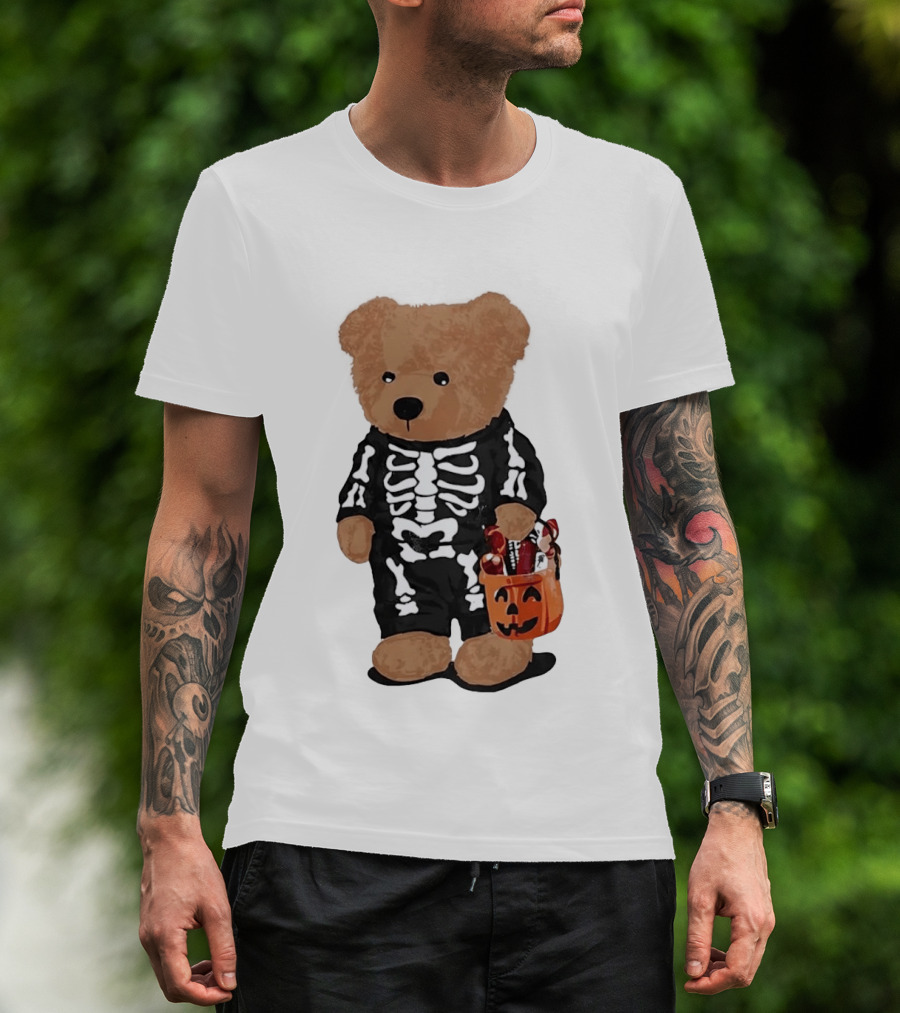 Teddy Bear Skeleton Costume Jack O Lantern Pumpkin Candy Cartoon T-Shirt