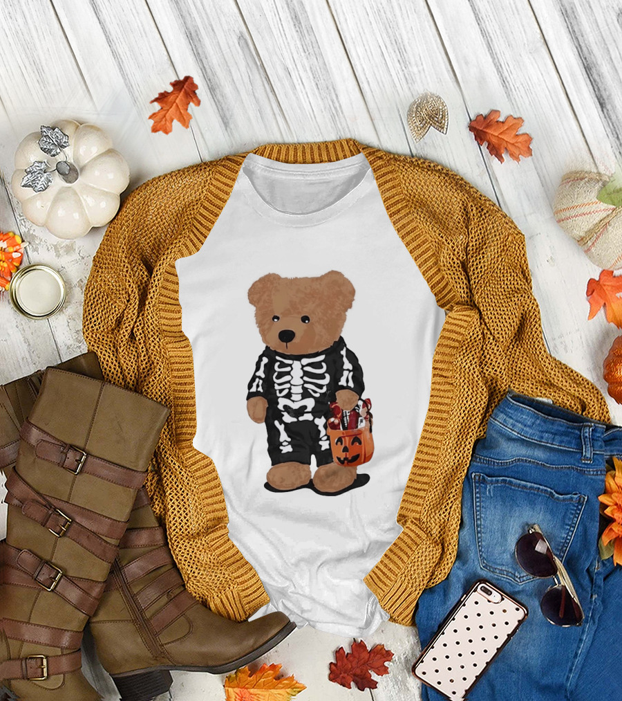 Teddy Bear Skeleton Costume Jack O Lantern Pumpkin Candy Cartoon T-Shirt
