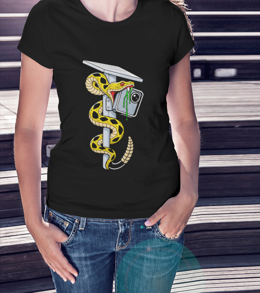 Cartoon Yellow Rattlesnake Biting Security Camera Solar Panel Pole Dripping Venom T-Shirt