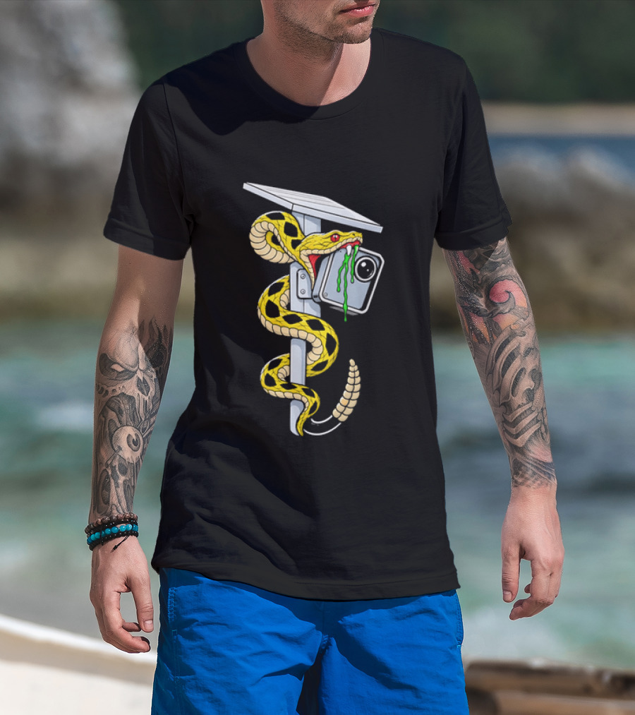 Cartoon Yellow Rattlesnake Biting Security Camera Solar Panel Pole Dripping Venom T-Shirt
