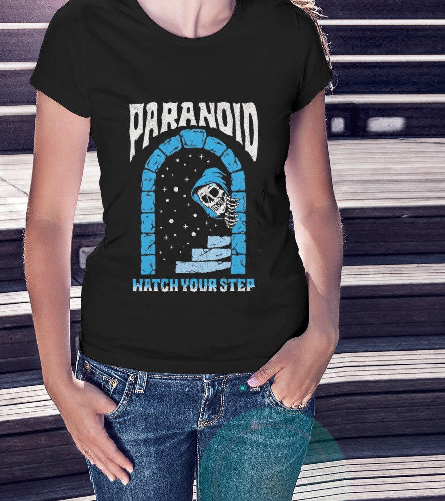 Paranoid Skeleton Peeking Stone Archway Your Step T-Shirt