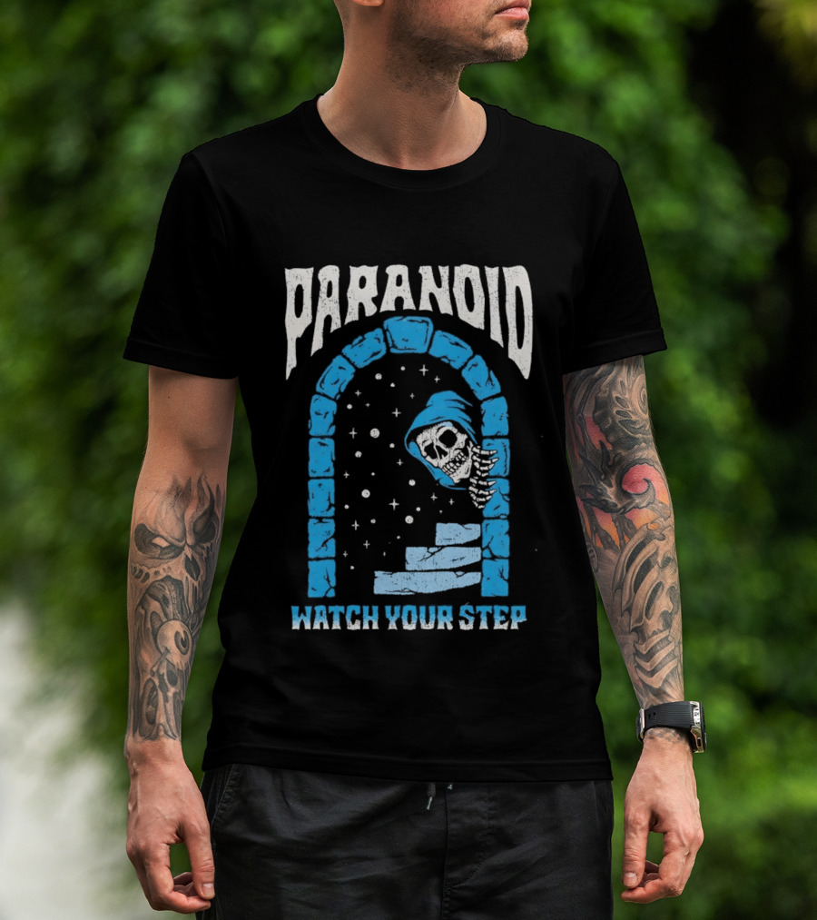 Paranoid Skeleton Peeking Stone Archway Your Step T-Shirt