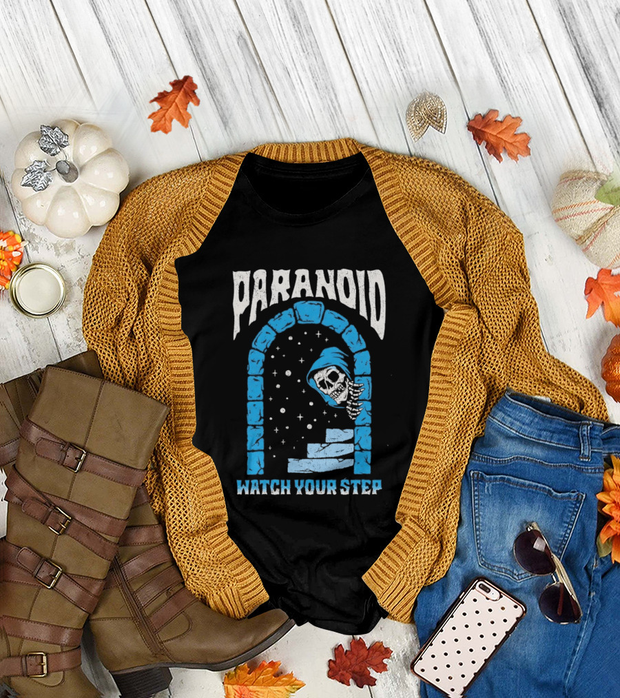 Paranoid Skeleton Peeking Stone Archway Your Step T-Shirt