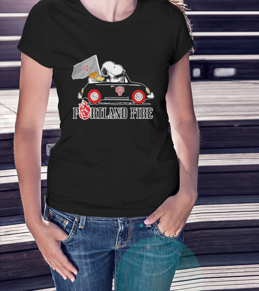 Portland Fire Snoopy And Woodstock Driving Vintage Car With Flag T-Shirt