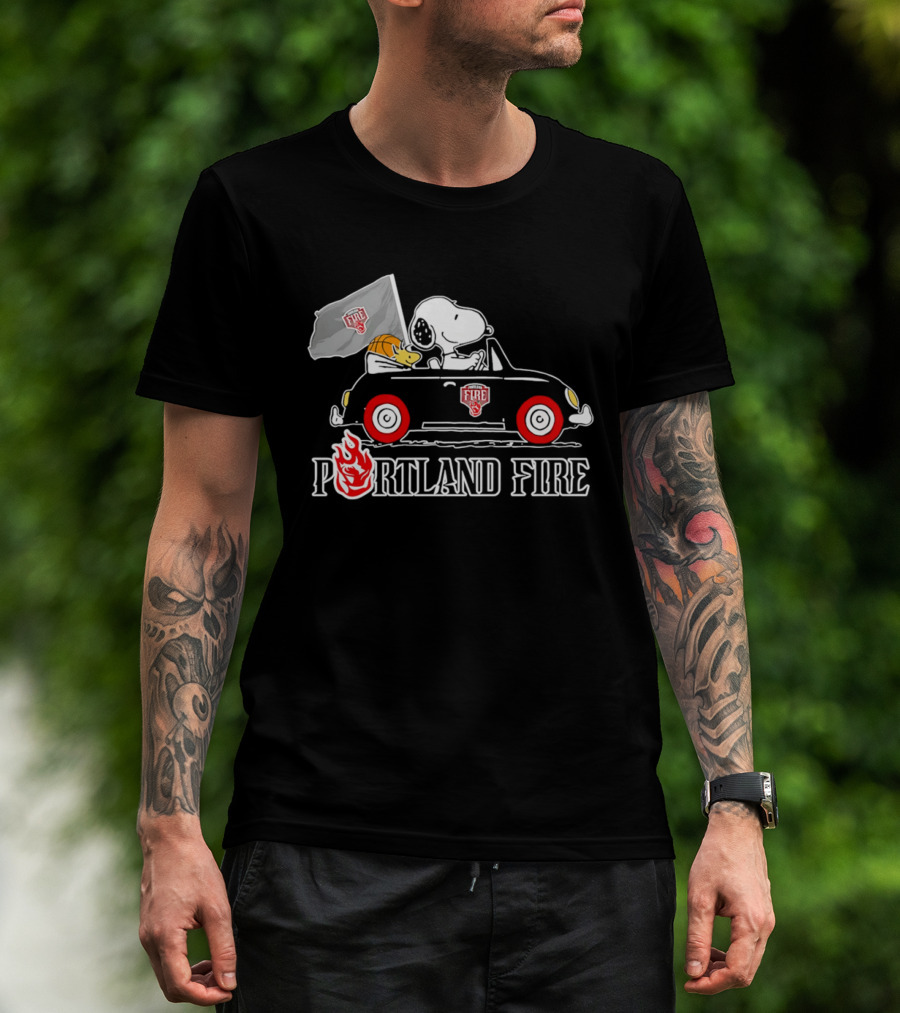 Portland Fire Snoopy And Woodstock Driving Vintage Car With Flag T-Shirt