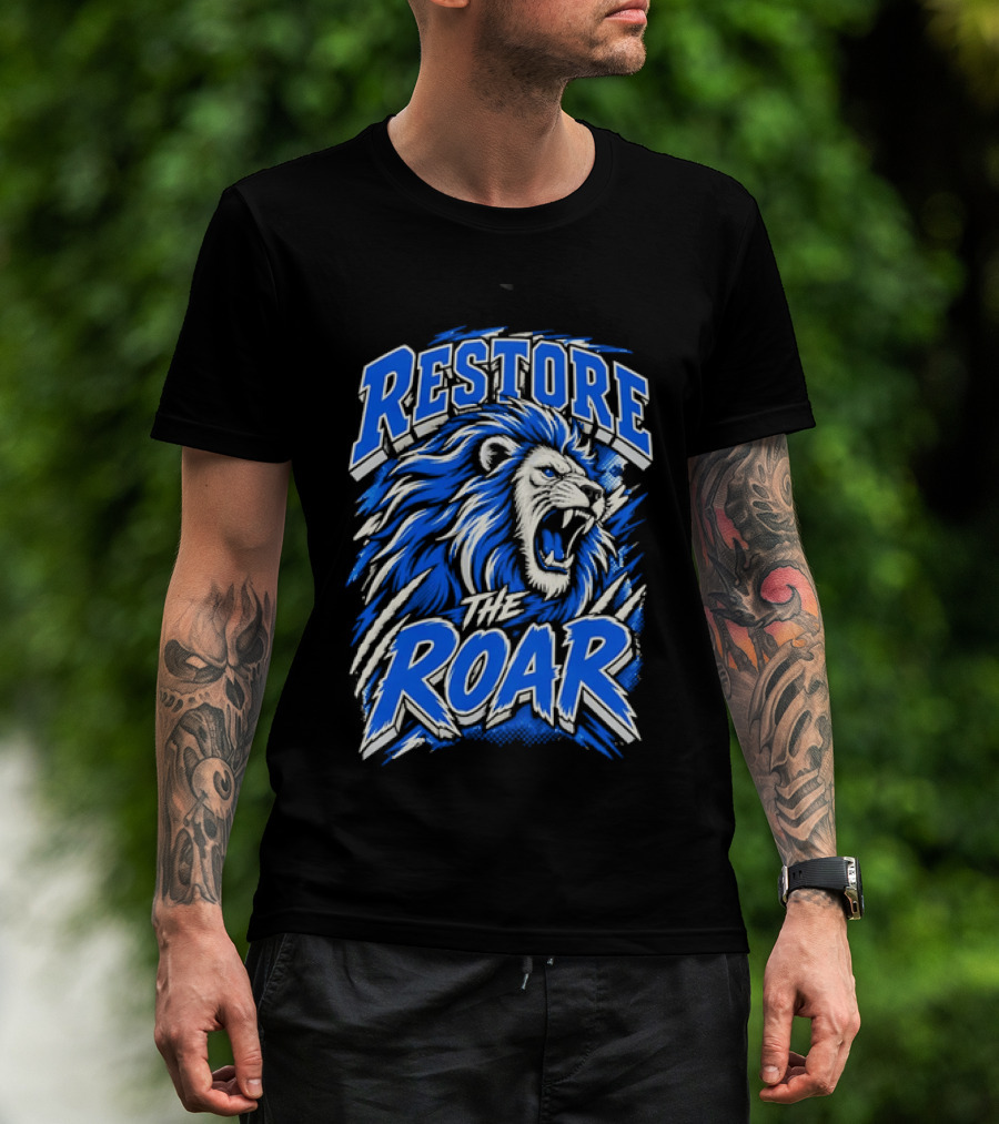 Restore The Roar Blue Lion Head With Halftone Scratch Marks T-Shirt
