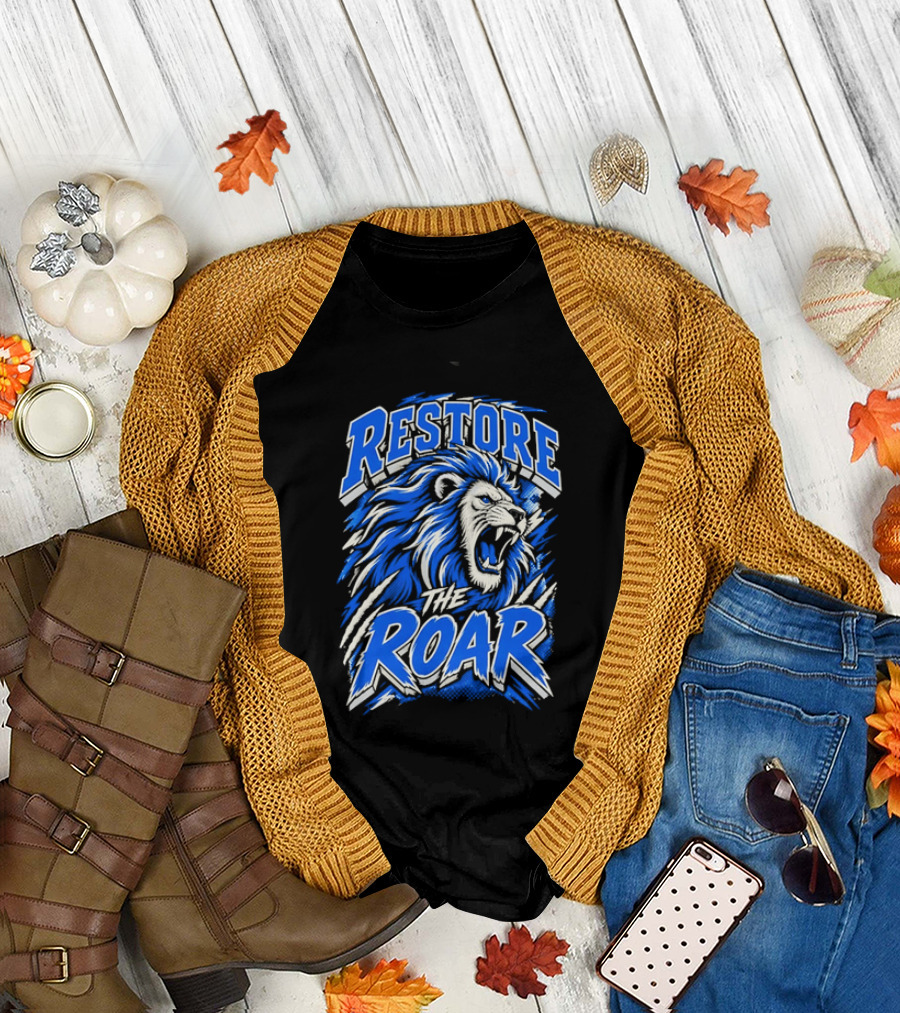 Restore The Roar Blue Lion Head With Halftone Scratch Marks T-Shirt
