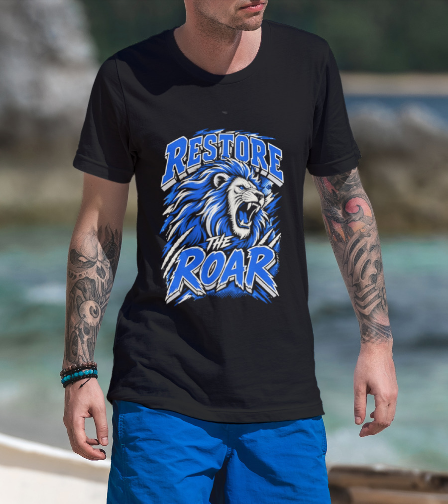 Restore The Roar Blue Lion Head With Halftone Scratch Marks T-Shirt