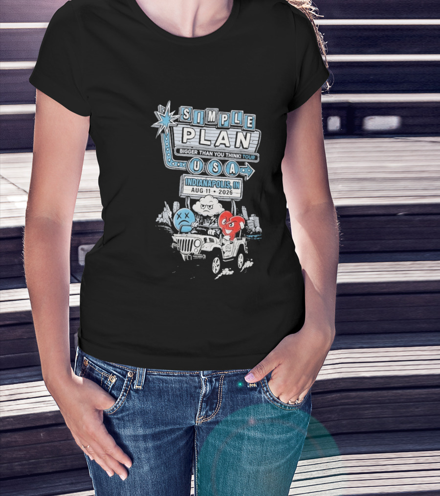 Simple Plan Indianapolis IN 2026 Bigger Than You Think Tour August 11 White River State Park USA Classic Car And Happy Heart T-Shirt