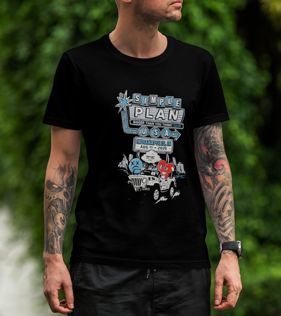 Simple Plan Indianapolis IN 2026 Bigger Than You Think Tour August 11 White River State Park USA Classic Car And Happy Heart T-Shirt