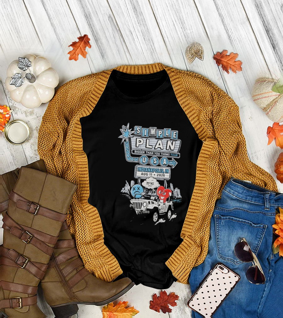 Simple Plan Indianapolis IN 2026 Bigger Than You Think Tour August 11 White River State Park USA Classic Car And Happy Heart T-Shirt