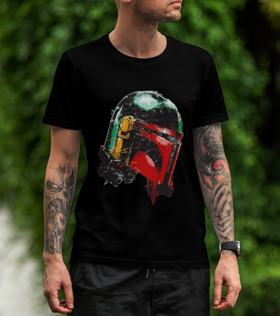 Star Wars Boba Fett Helmet Distressed Paint Splatter Drip T-Shirt
