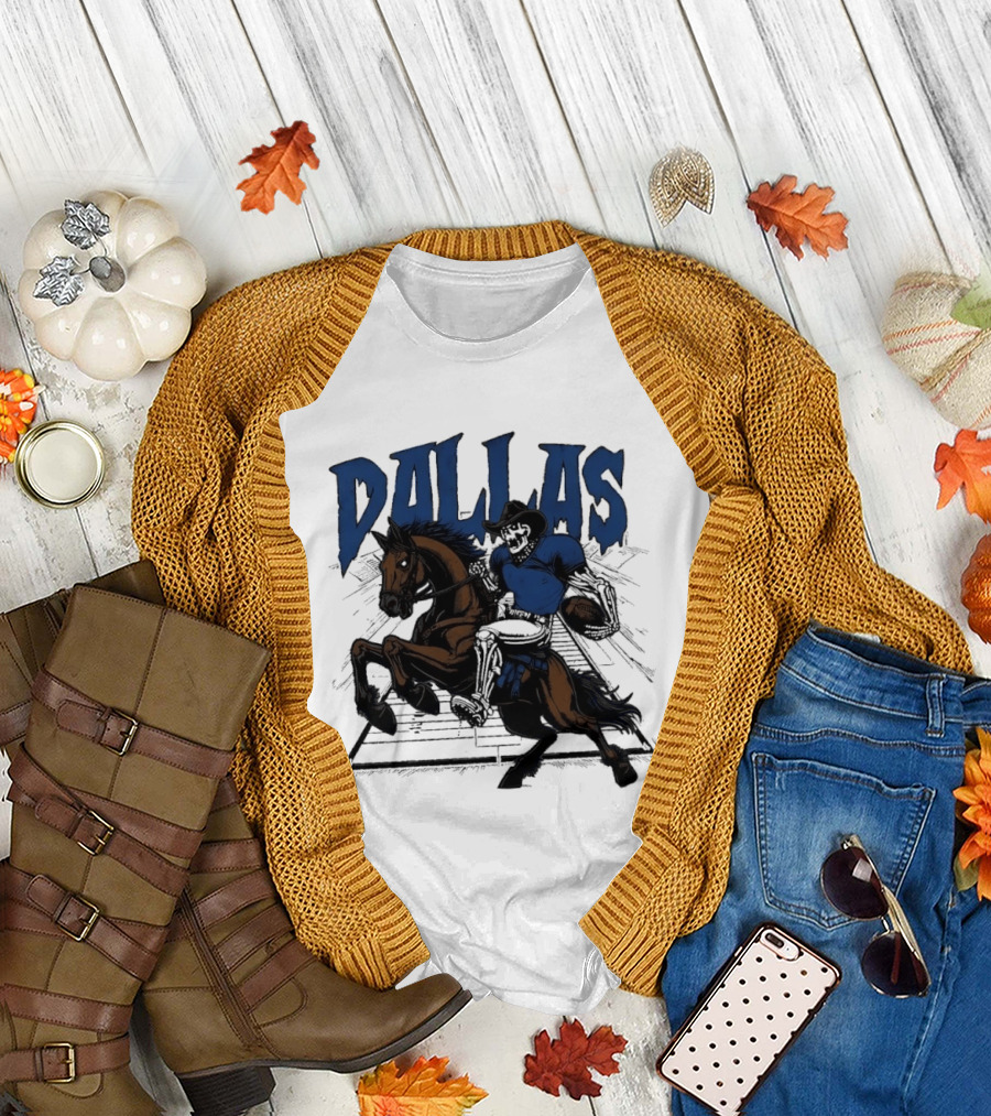 Dallas Cowboy Skeleton Riding Horse Playing Football T-Shirt