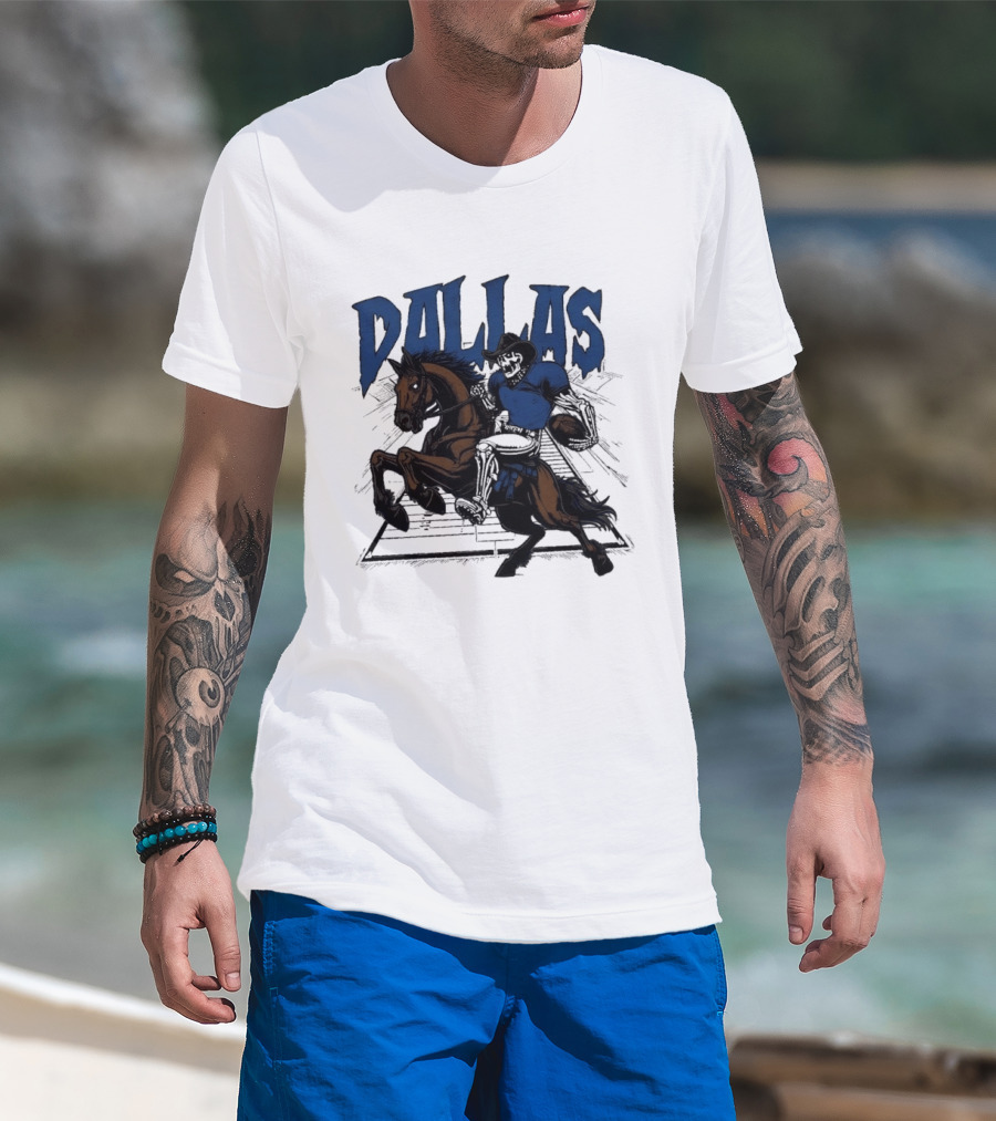 Dallas Cowboy Skeleton Riding Horse Playing Football T-Shirt