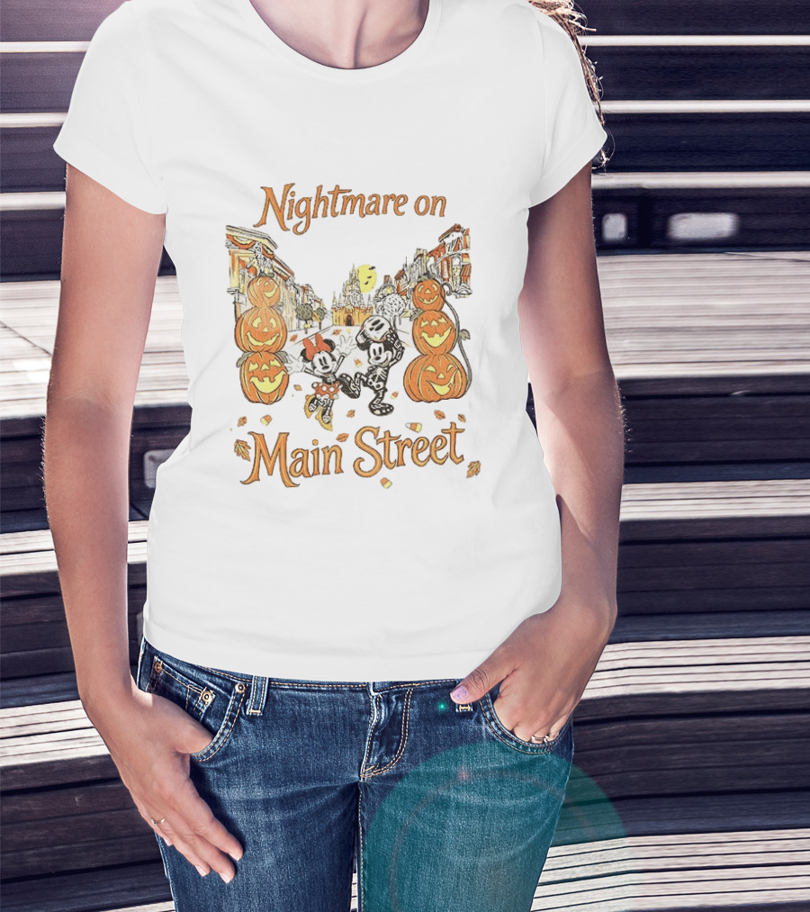 Disney Mickey And Minnie Mouse Halloween Nightmare On Main Street Pumpkins Autumn Fall T-Shirt