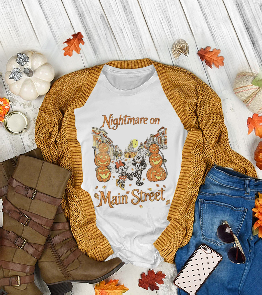 Disney Mickey And Minnie Mouse Halloween Nightmare On Main Street Pumpkins Autumn Fall T-Shirt