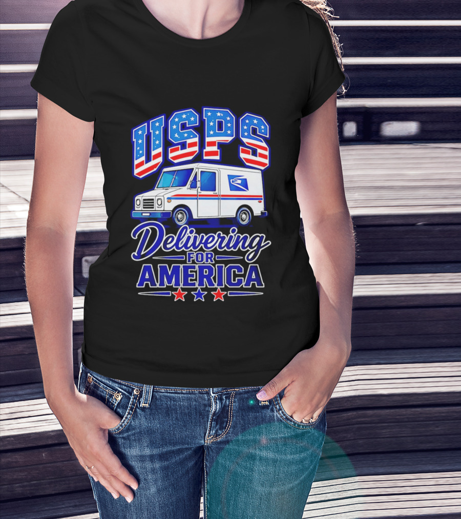 USPS Delivering For America Mail Truck Patriotic Stars And Stripes T-Shirt