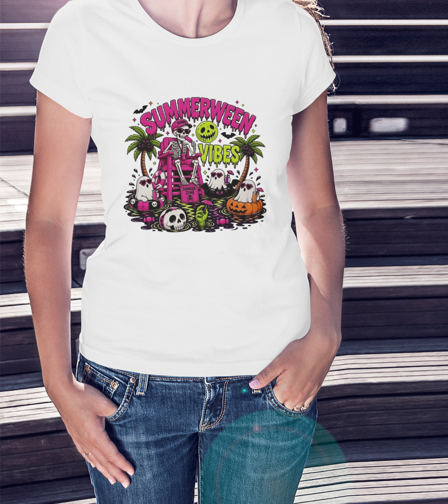 Summerween Vibes Halloween Skeleton Beach Party 2026 T-Shirt
