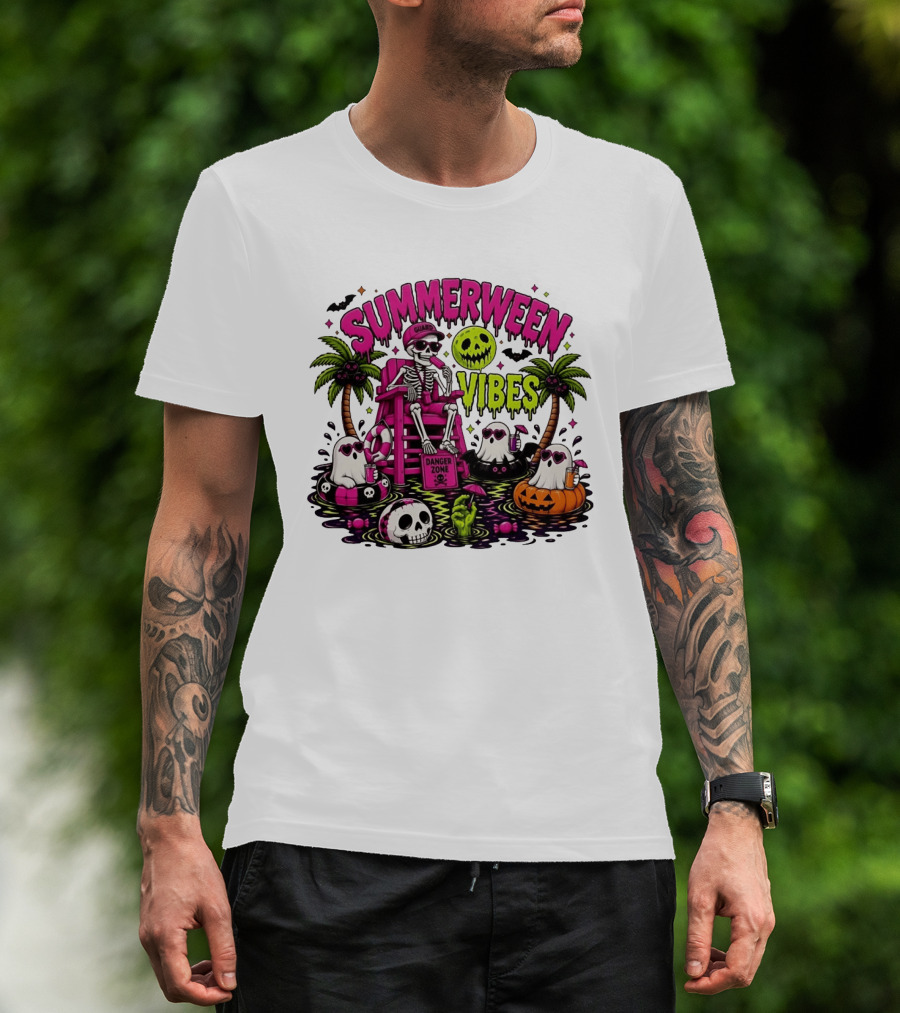 Summerween Vibes Halloween Skeleton Beach Party 2026 T-Shirt