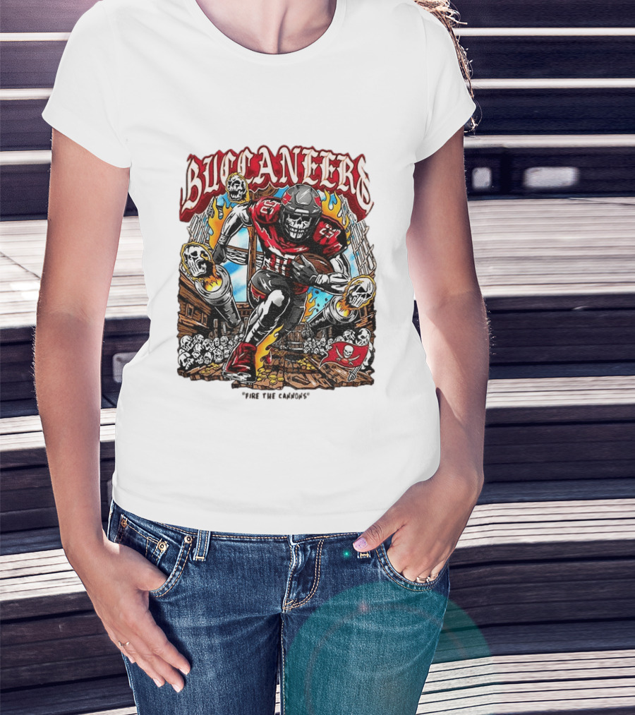Buccaneers Fire The Cannons Skeleton Football T-Shirt