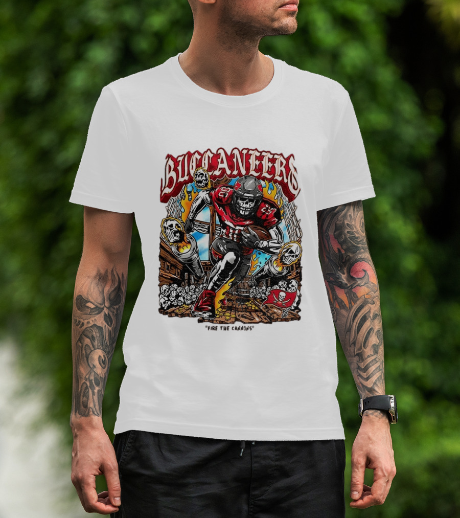 Buccaneers Fire The Cannons Skeleton Football T-Shirt