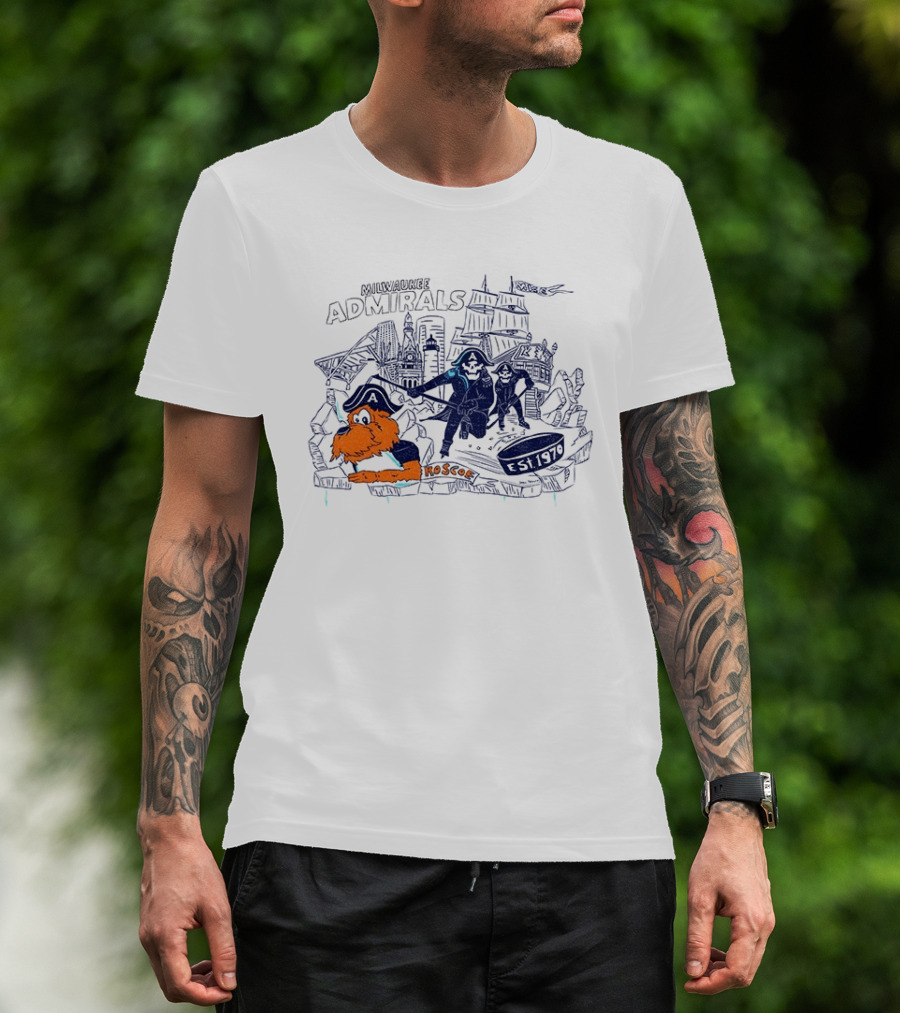 Milwaukee Admirals Roscoe Est 1970 Hockey Mascot And Cityscape T-Shirt