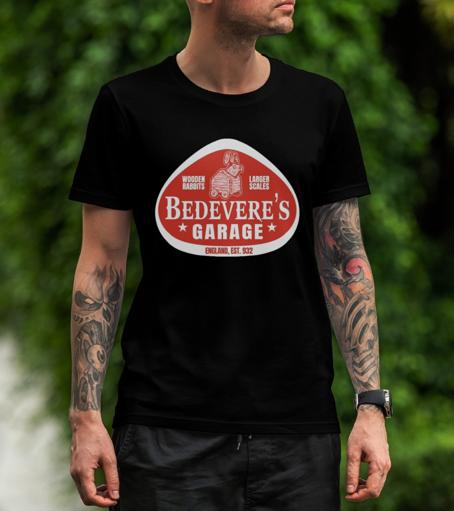 Bedevere's Garage England 932 AD Wooden Rabbits Larger Scales Monty Python T-Shirt
