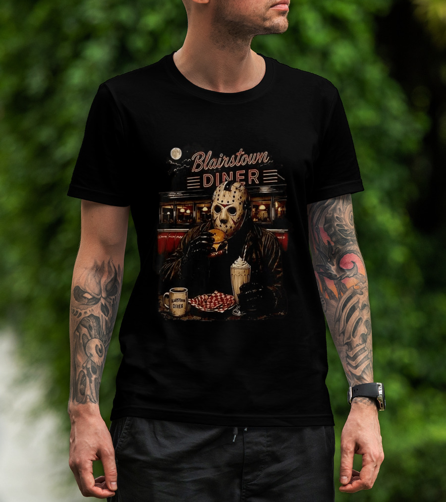Blairstown Diner Killer Food Killer Coffee Halloween 1949 Masked Character Eating Burger And Milkshake T-Shirt