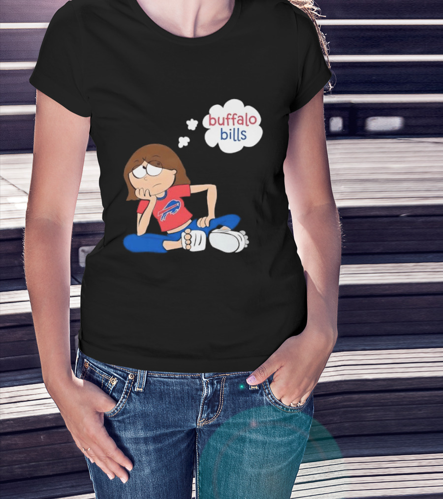 Buffalo Bills Cartoon Thoughtful Girl In Red And Blue Outfit T-Shirt