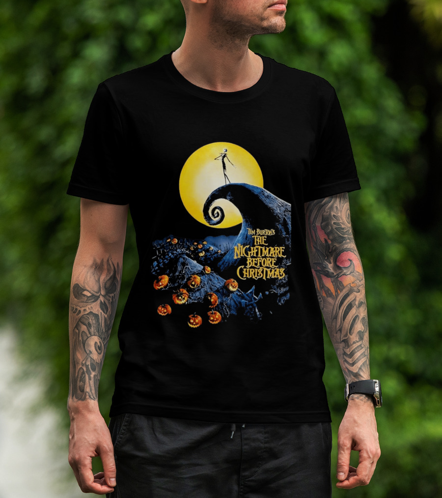 Tim Burton's The Nightmare Before Christmas Jack Skellington Moon Scene With Pumpkins T-Shirt