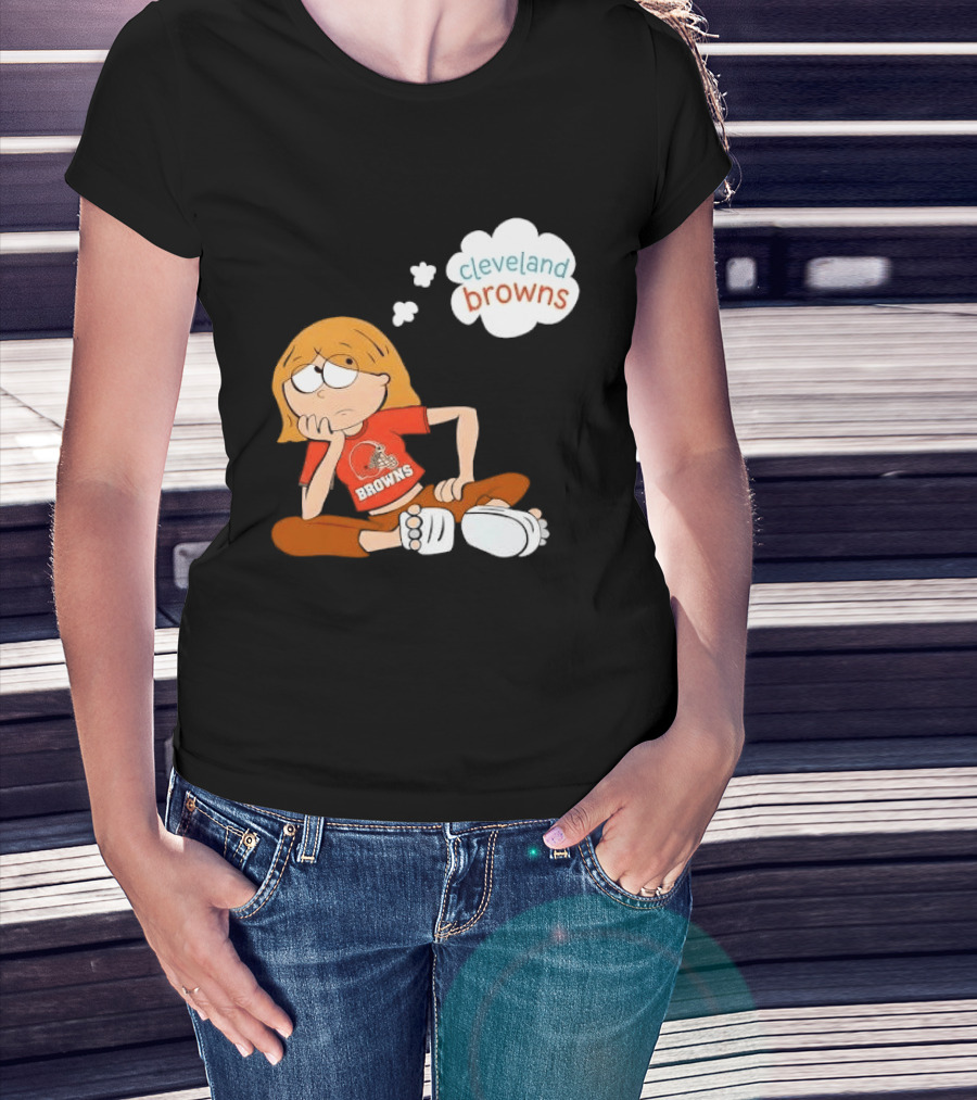 Cleveland Browns Cartoon Girl Sitting With Thought Bubble T-Shirt