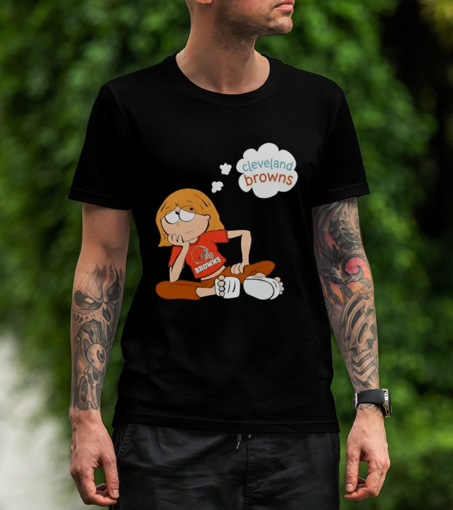 Cleveland Browns Cartoon Girl Sitting With Thought Bubble T-Shirt