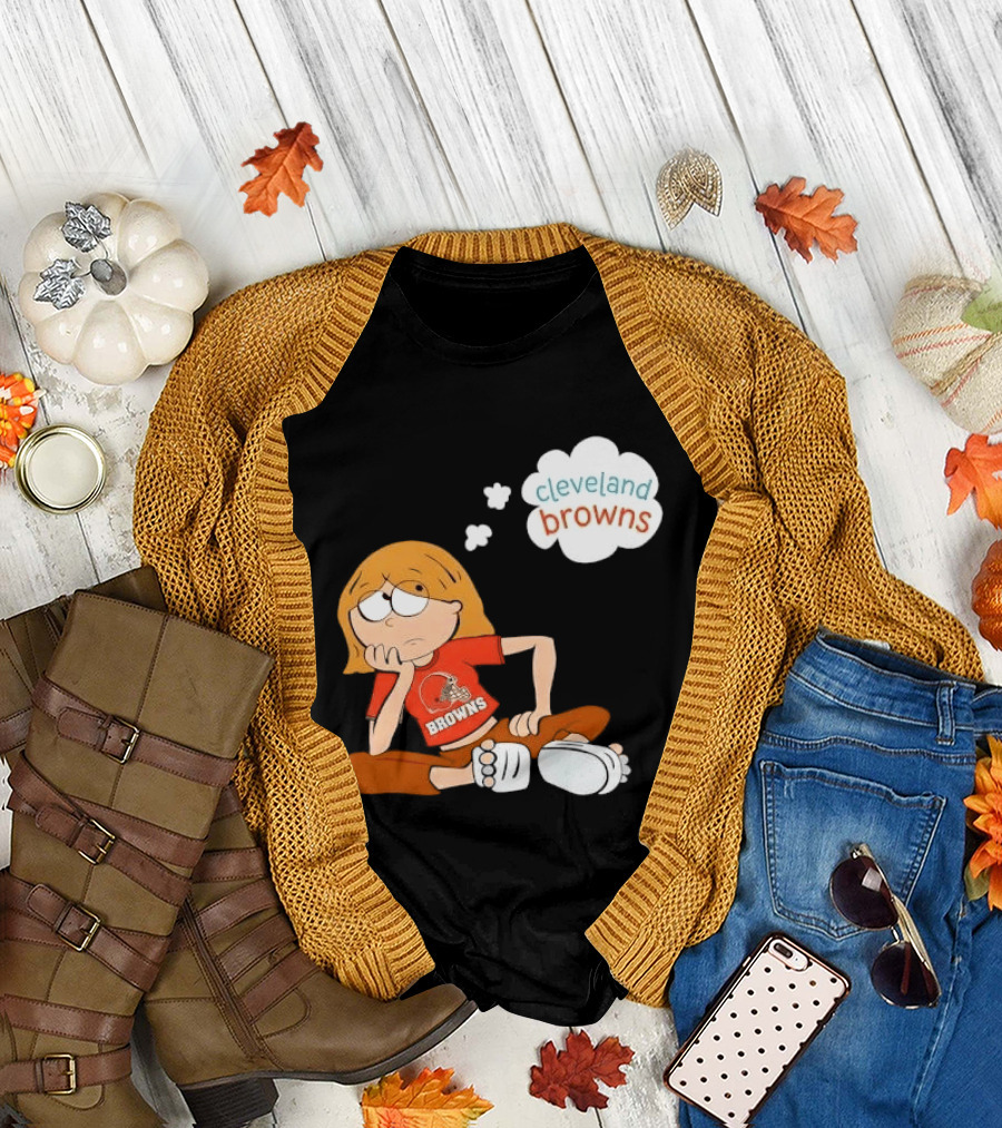 Cleveland Browns Cartoon Girl Sitting With Thought Bubble T-Shirt