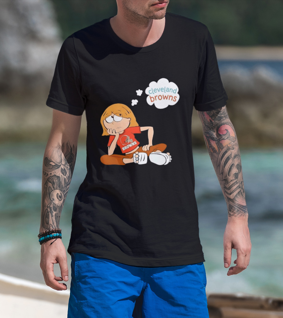 Cleveland Browns Cartoon Girl Sitting With Thought Bubble T-Shirt