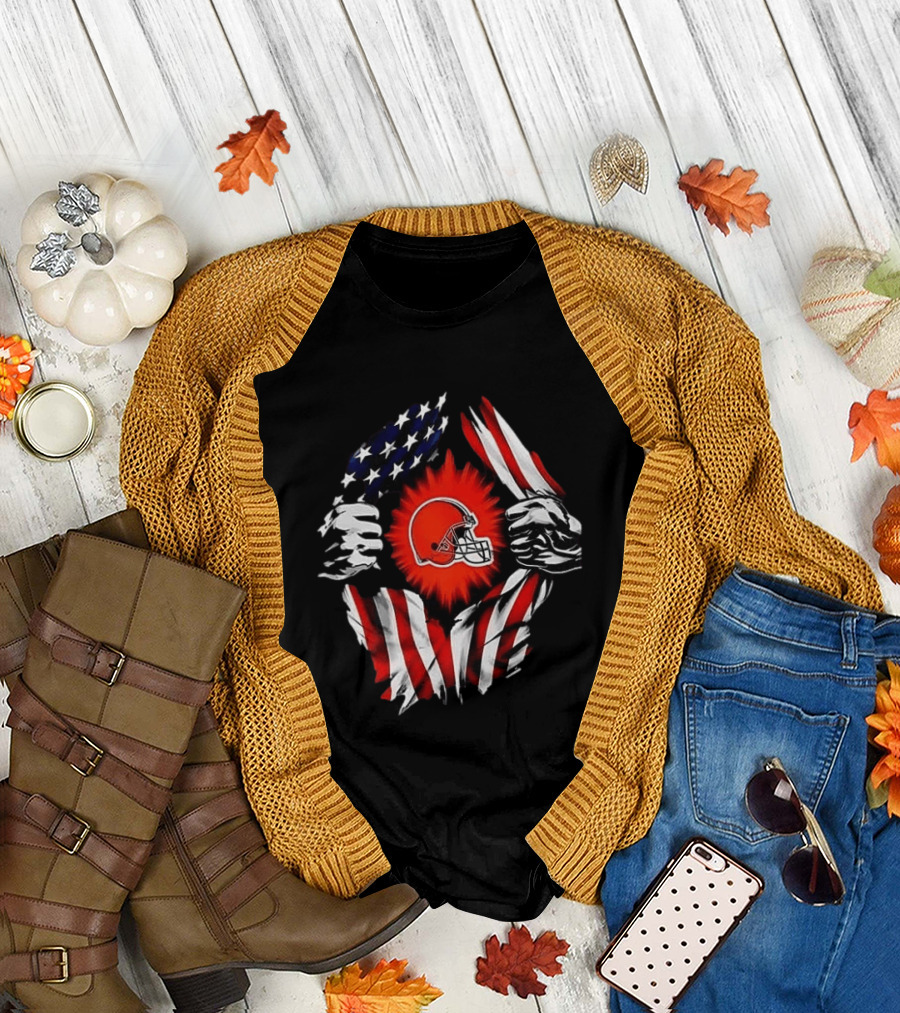 Cleveland Browns Super Man Skull Cap Backwards American Flag Ripped T-Shirt