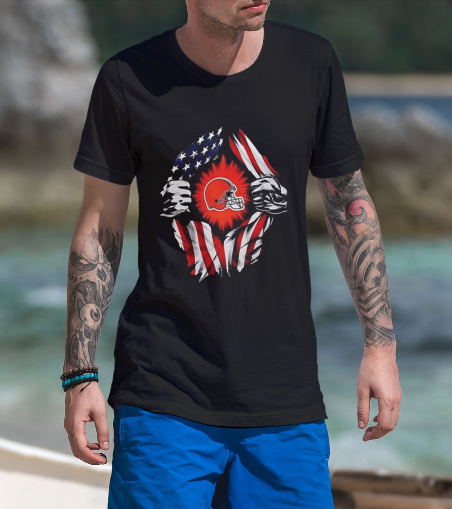 Cleveland Browns Super Man Skull Cap Backwards American Flag Ripped T-Shirt