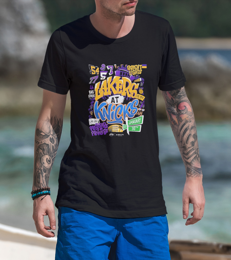 Lakers At Knicks Bright Lights New York January 27 30 2026 T-Shirt