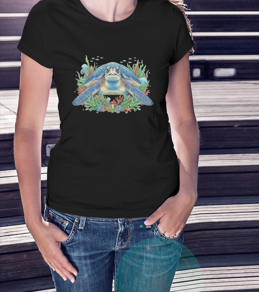 Sea Turtle With Coral Reef Red Mushroom And Starfish Underwater Scene T-Shirt