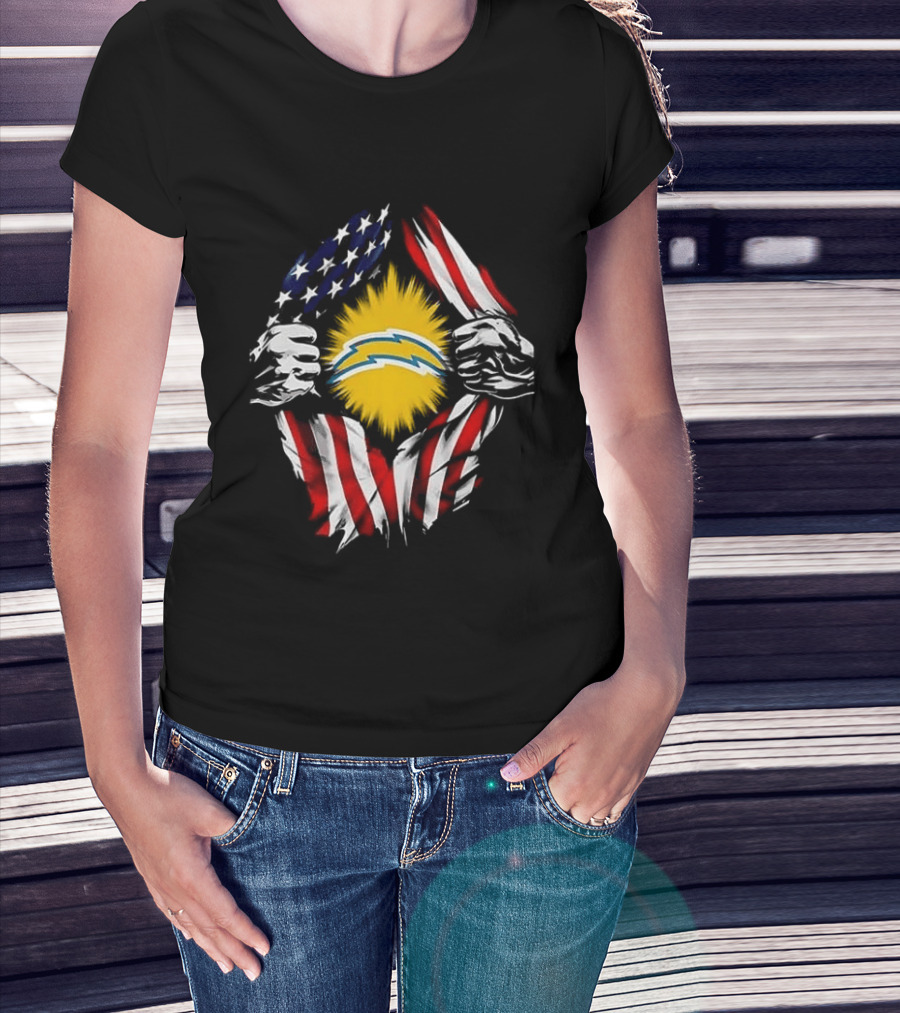 Los Angeles Chargers Superman Skull Cap Backwards USA Flag Power T-Shirt