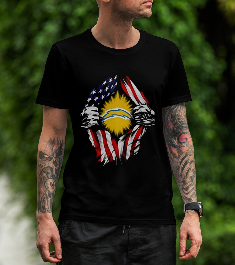 Los Angeles Chargers Superman Skull Cap Backwards USA Flag Power T-Shirt