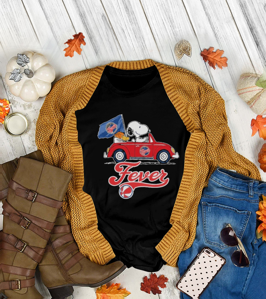 Snoopy Driving Red Car With Indiana Fever WNBA Basketball Logos T-Shirt