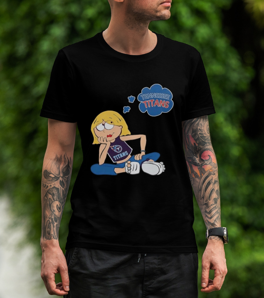 Tennessee Titans Blonde Cartoon Girl Sitting Thinking Thought Bubble Titans T-Shirt