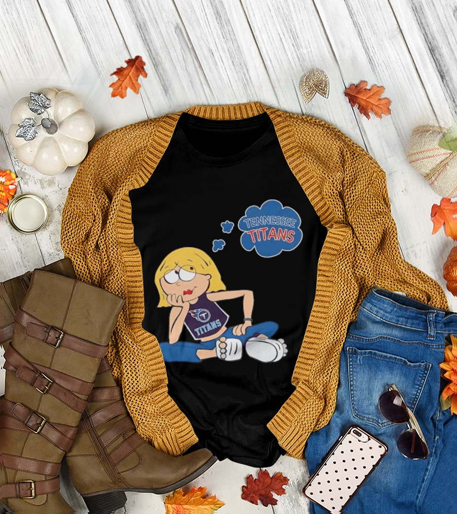 Tennessee Titans Blonde Cartoon Girl Sitting Thinking Thought Bubble Titans T-Shirt