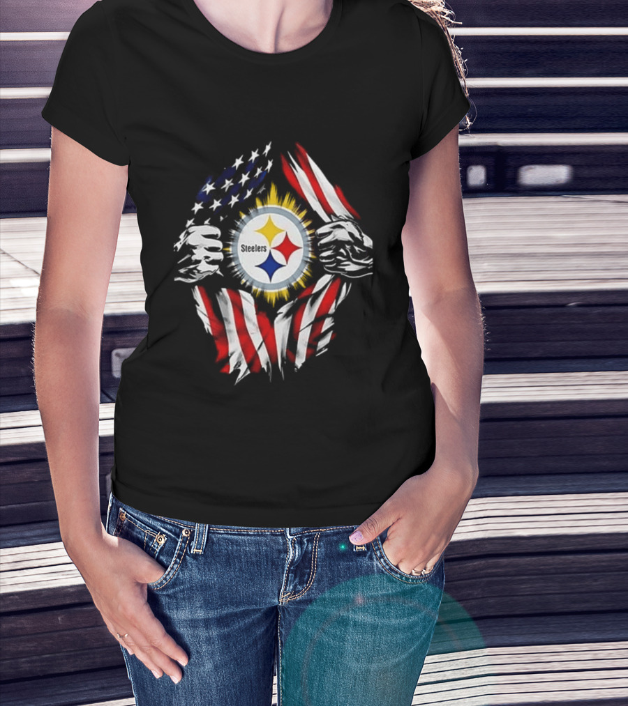 Pittsburgh Steelers Superman Skull Cap USA Flag T-Shirt
