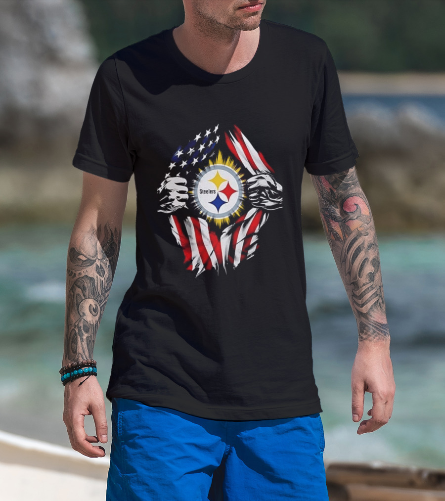 Pittsburgh Steelers Superman Skull Cap USA Flag T-Shirt
